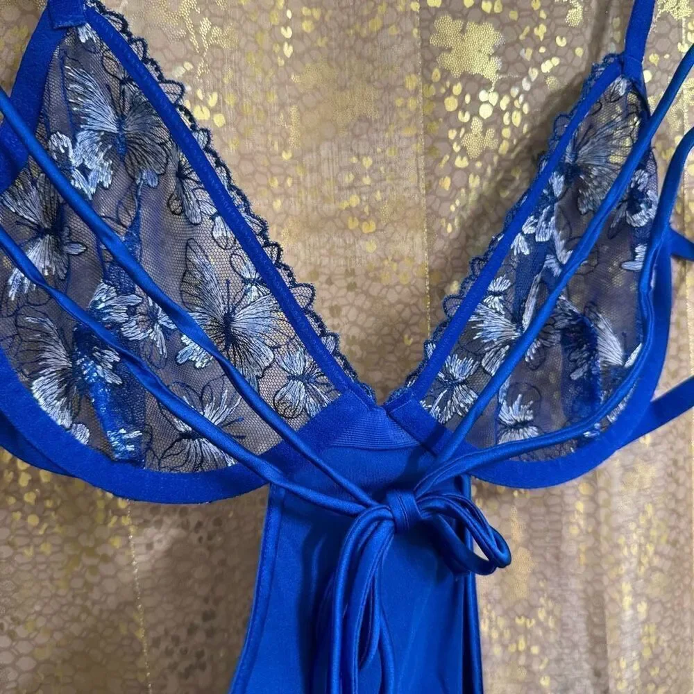 Victorias Secret Royal Blue Lace Butterfly Low Cut Demi Satin Slip Medium NWT
